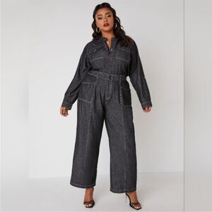 NEW Ashley Stewart Black Belted Denim Jumpsuit Straight Leg size 24 NWT